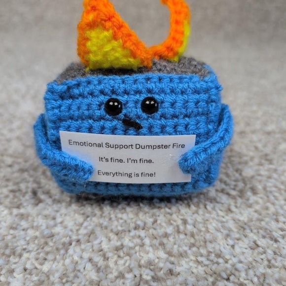 Blue Emotional Support Dumpster Fire Crochet Plush Toy Funny Gift Desk Decor - Picture 2 of 10